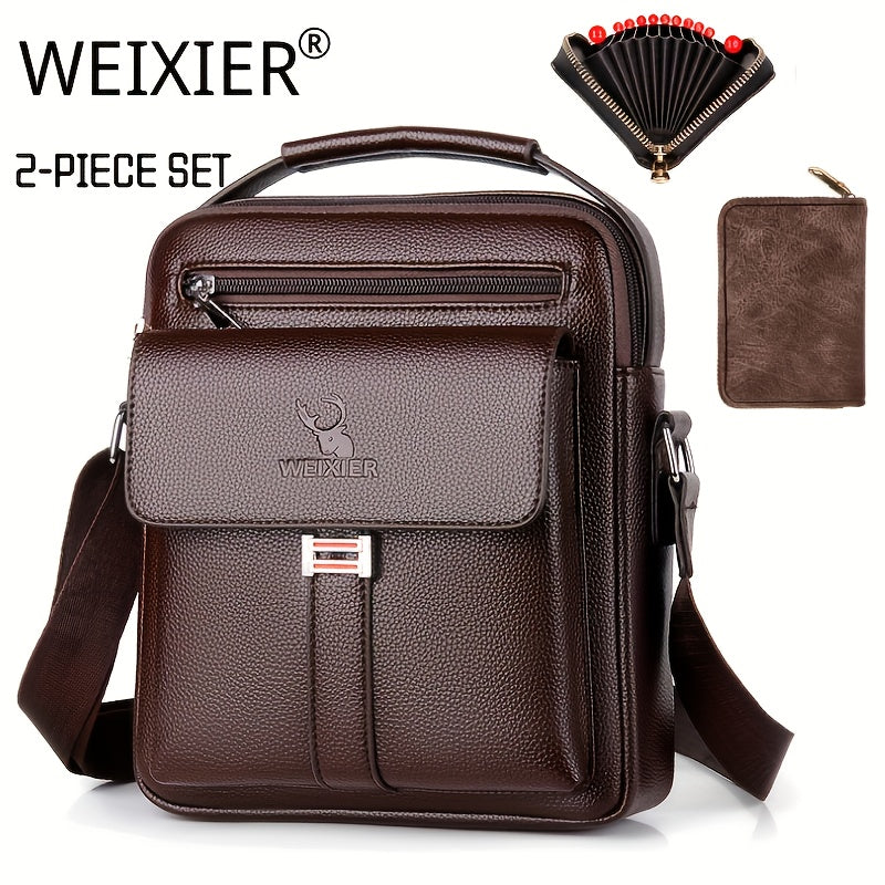 Men's Casual Vintage Shoulder Bag with Multi-Card Wallet Lightweight Business Style Polyester Adjustable Zipper Closure