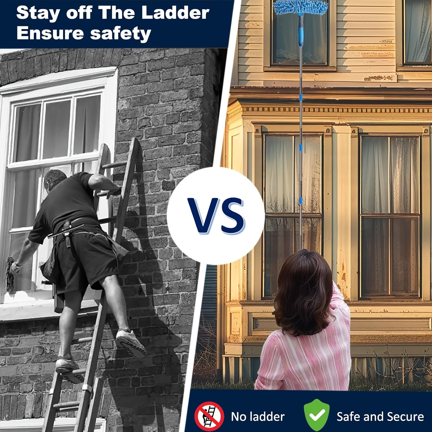 High-Rise Window Cleaning Kit with 10 Extension Rods Microfiber Pad and Scraper