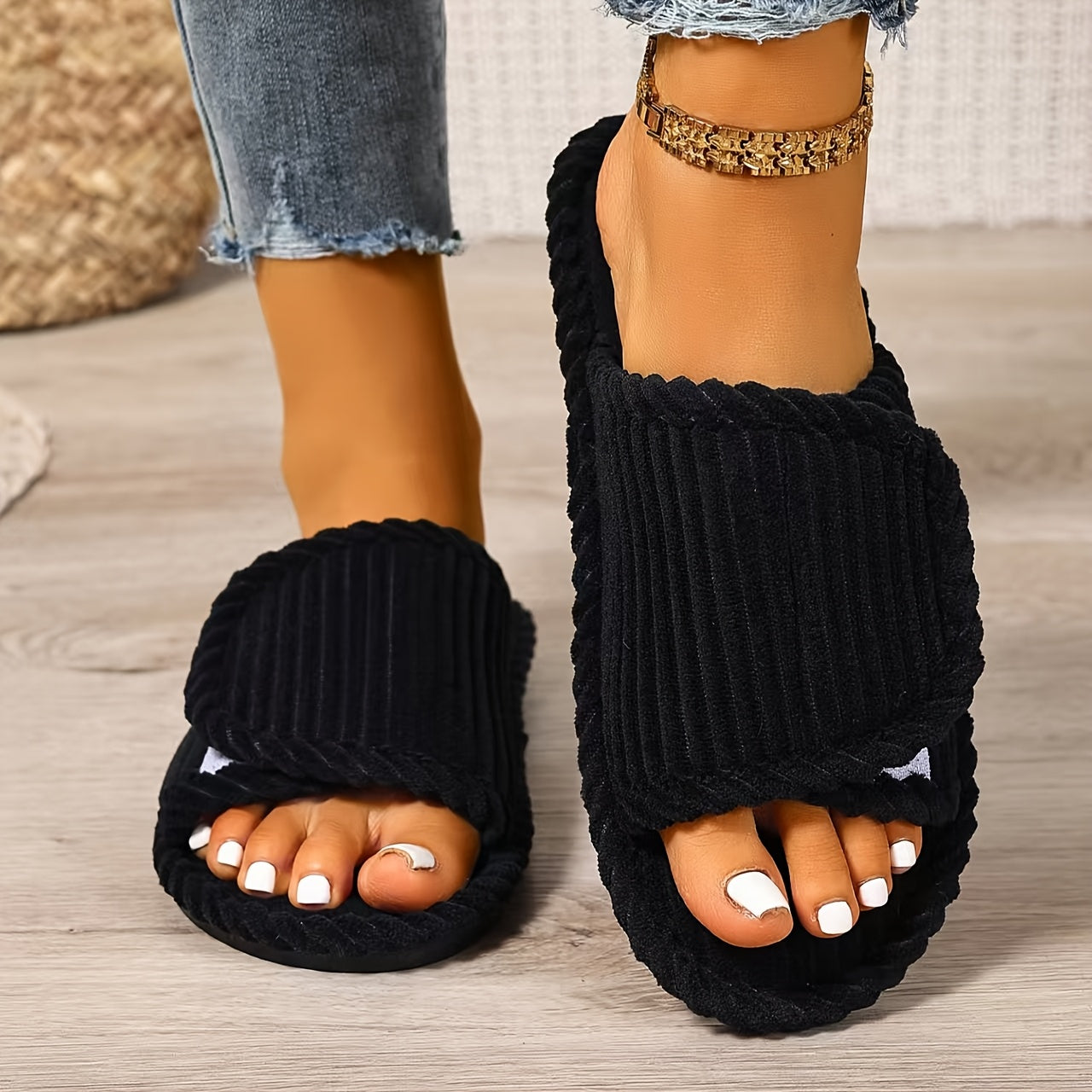 Unisex Striped Fabric Slip-On Slippers Soft Cushioned Non-Slip Rubber Sole