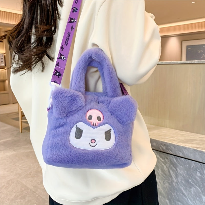 Plush Handbag Crossbody Bag with Hello Kitty Kuromi My Melody Cinnamoroll Characters for Kids Pink White Red Yellow Purple
