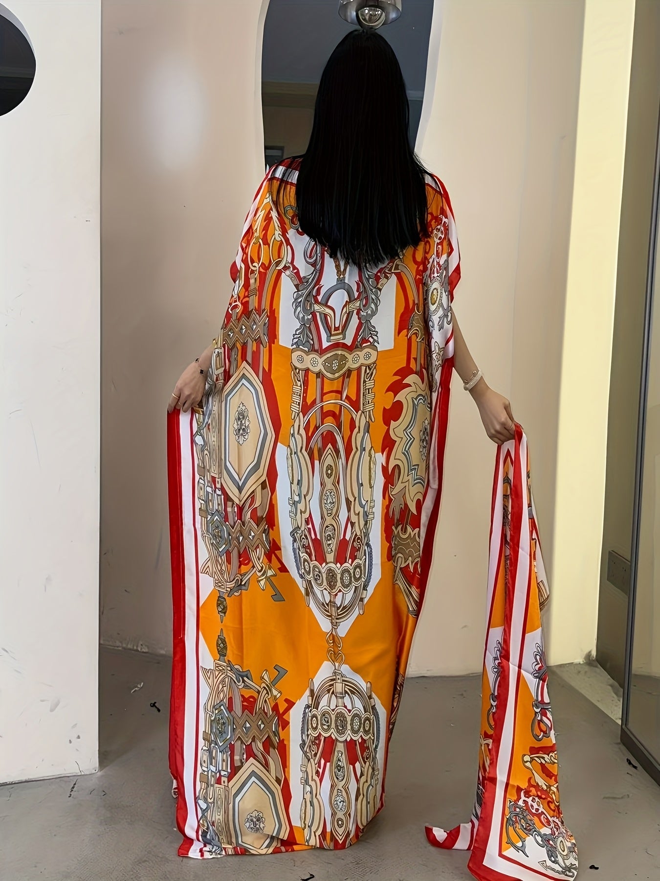 Women's Floral Print Boat Neck Abaya Batwing Sleeve Maxi Dress