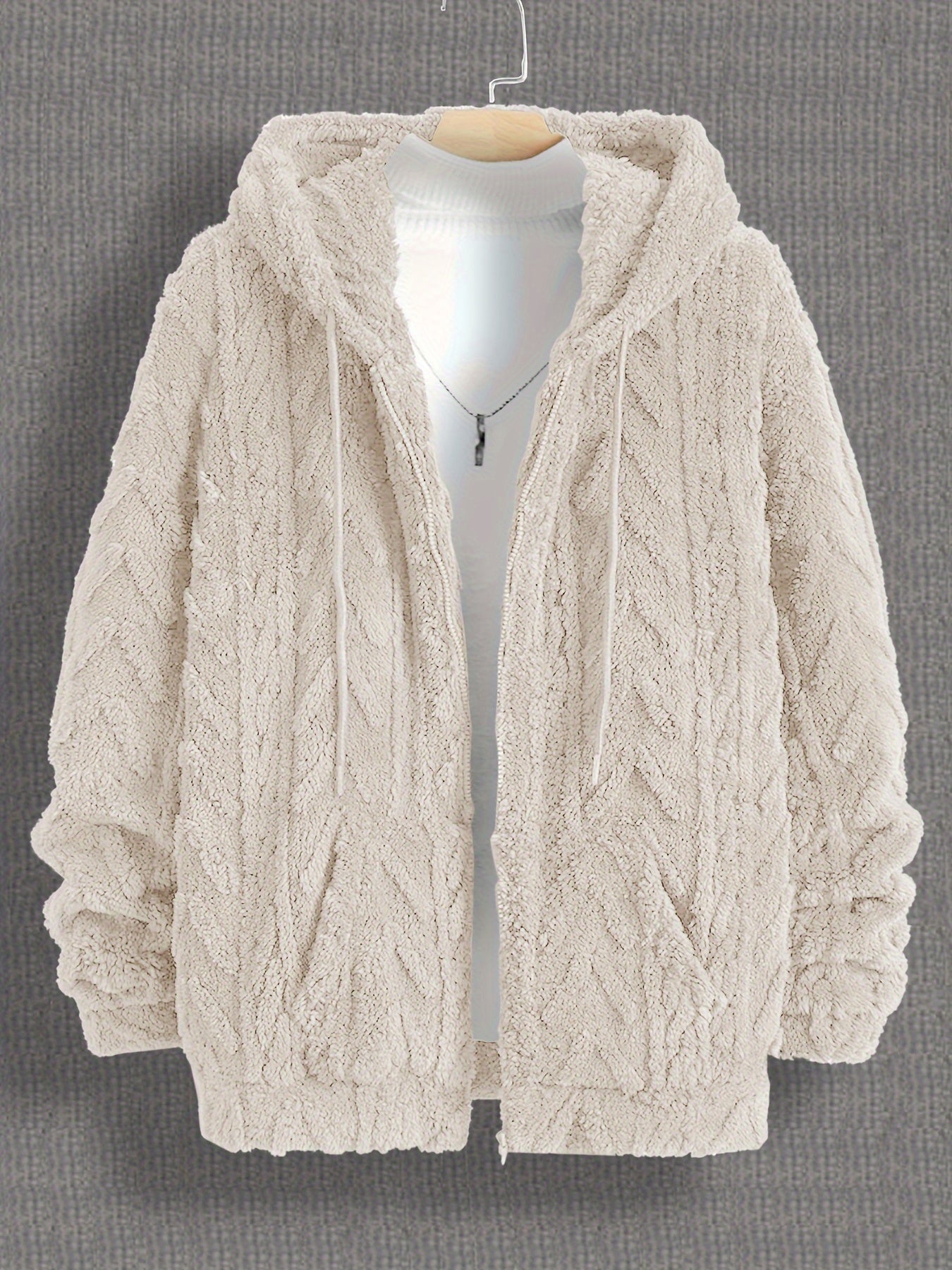 Erkaklar uchun bir rangli kapüşonli flis jaket, uzun qo'lqonlar bilan tortma fermuar, kuz va qish uchun iliq va zamonaviy kardigan, mukammal sovg'a.