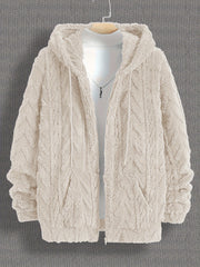 Erkaklar uchun bir rangli kapüşonli flis jaket, uzun qo'lqonlar bilan tortma fermuar, kuz va qish uchun iliq va zamonaviy kardigan, mukammal sovg'a.