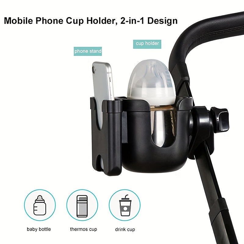 Universal Black 2-in-1 Stroller Cup and Phone Holder 360° Rotatable Multifunctional Storage Rack