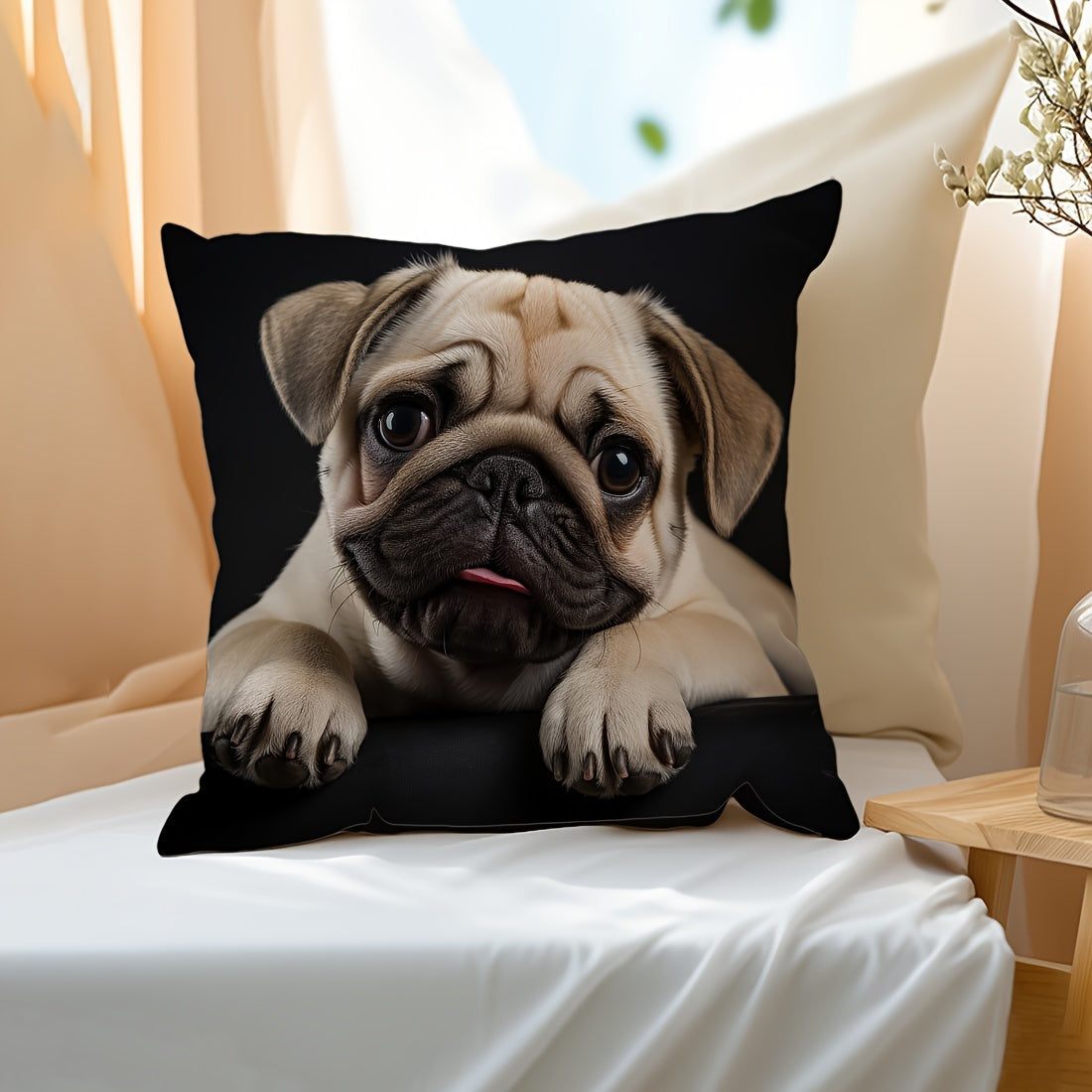 Dog Print Pillow Cover 45x45cm Peach Faux Leather Decorative Sofa Bed Cushion