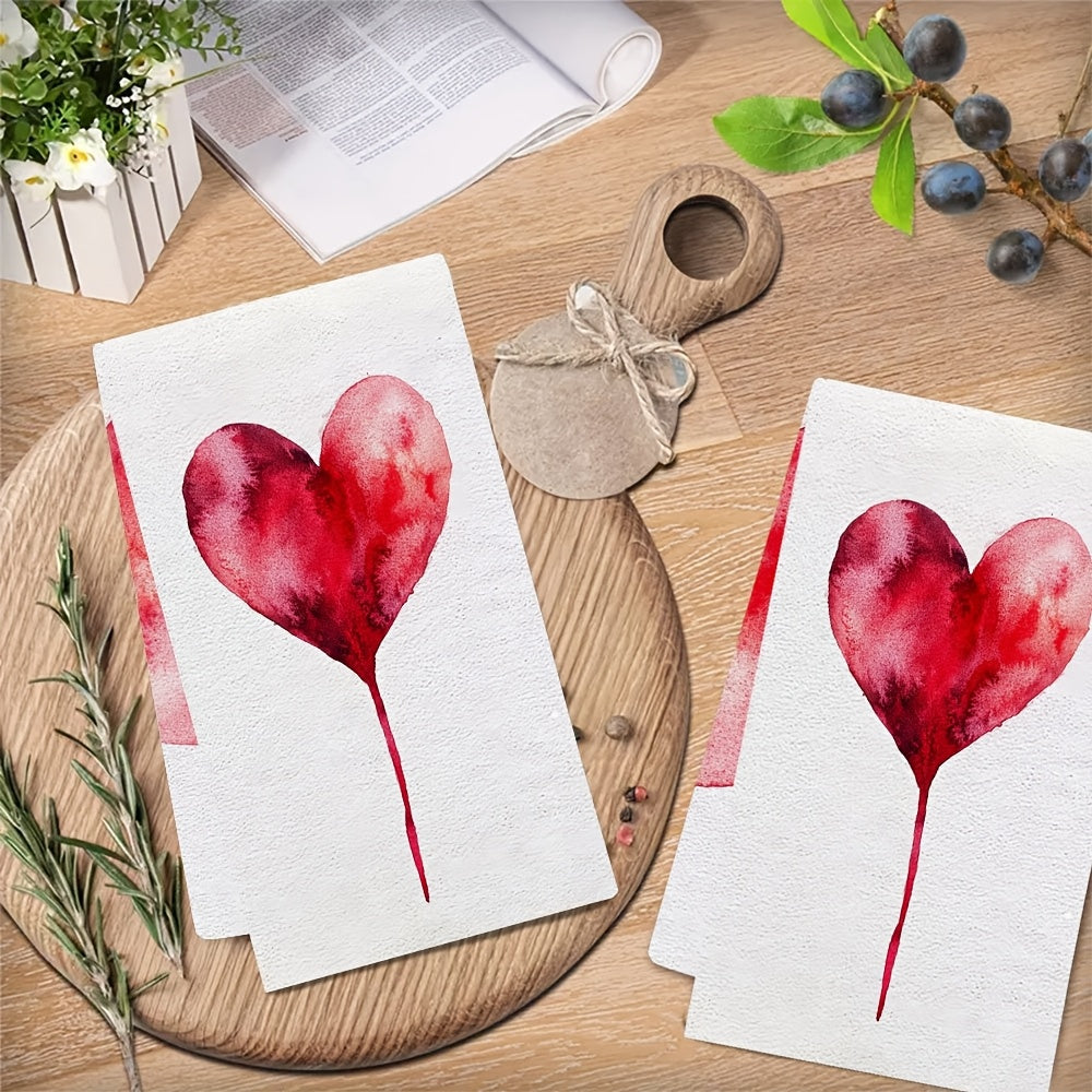 Set of 2 Soft Kitchen Towels with Heart Design, 40x60cm, Absorbent, Machine Washable