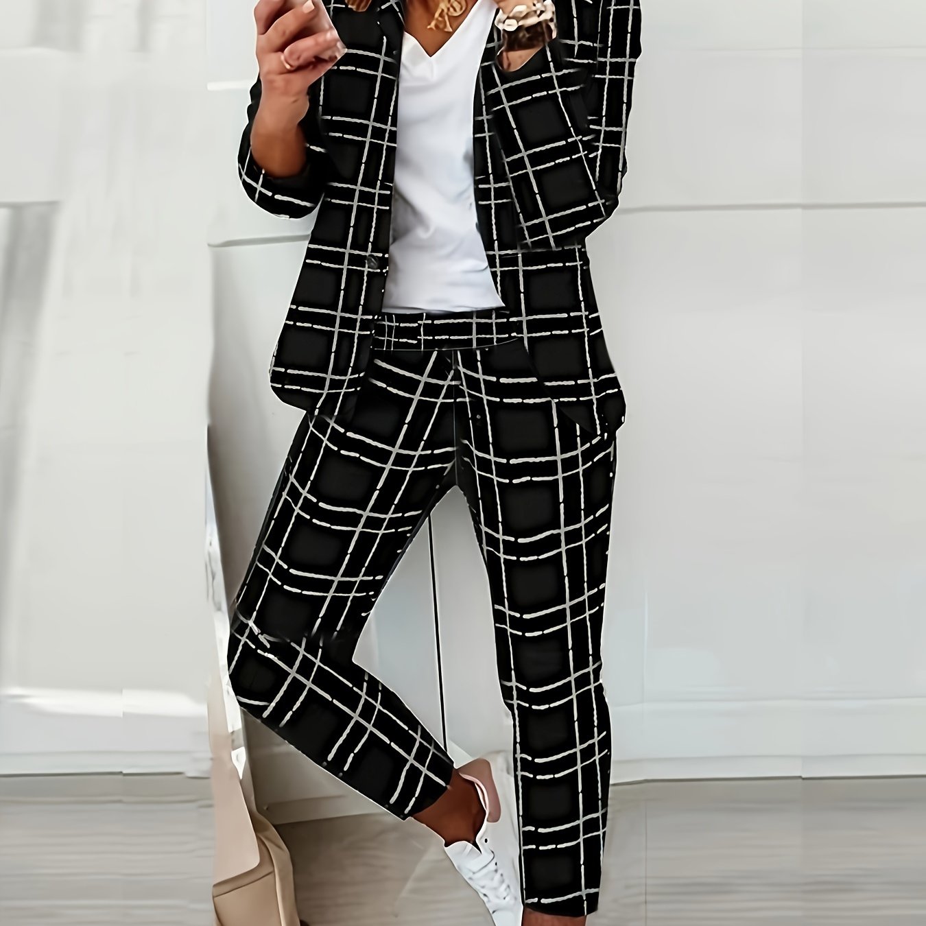 Plus Size Plaid Blazer and Pants Set for Women Polyester Spandex Casual Work Leisure