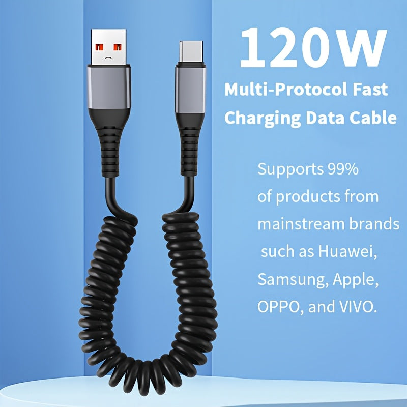120W Fast Charging USB C to Type-C Cable Flat PVC Spring Retractable Data Transfer Compatible with Huawei Samsung Apple OPPO VIVO