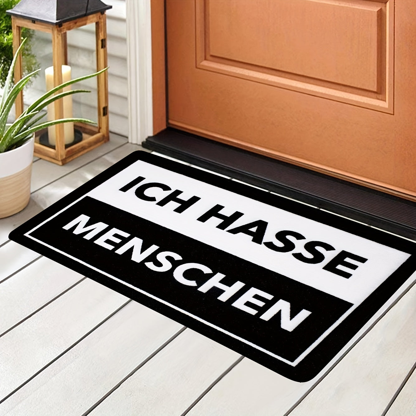 Anti-Stain Polyester Doormat with "ICH HASSE MENSCHEN" Design, Machine Washable, Indoor Entrance Rug
