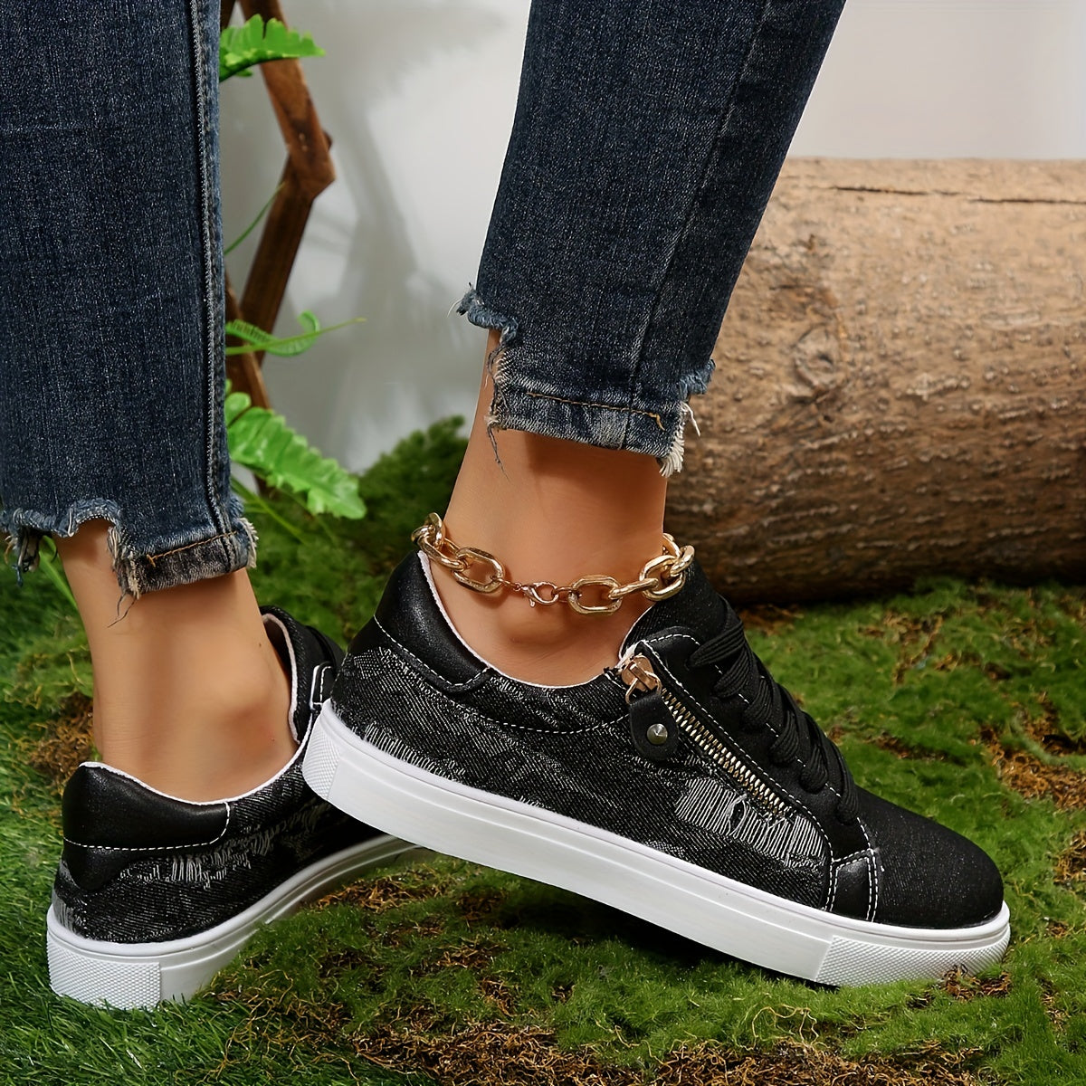 Women's Denim Flat Sneakers Casual Lace-Up Low Top Skate Shoes