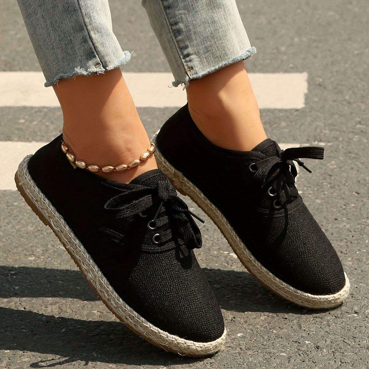 Women's Casual Solid Color Lace-Up Flats with TPR Sole