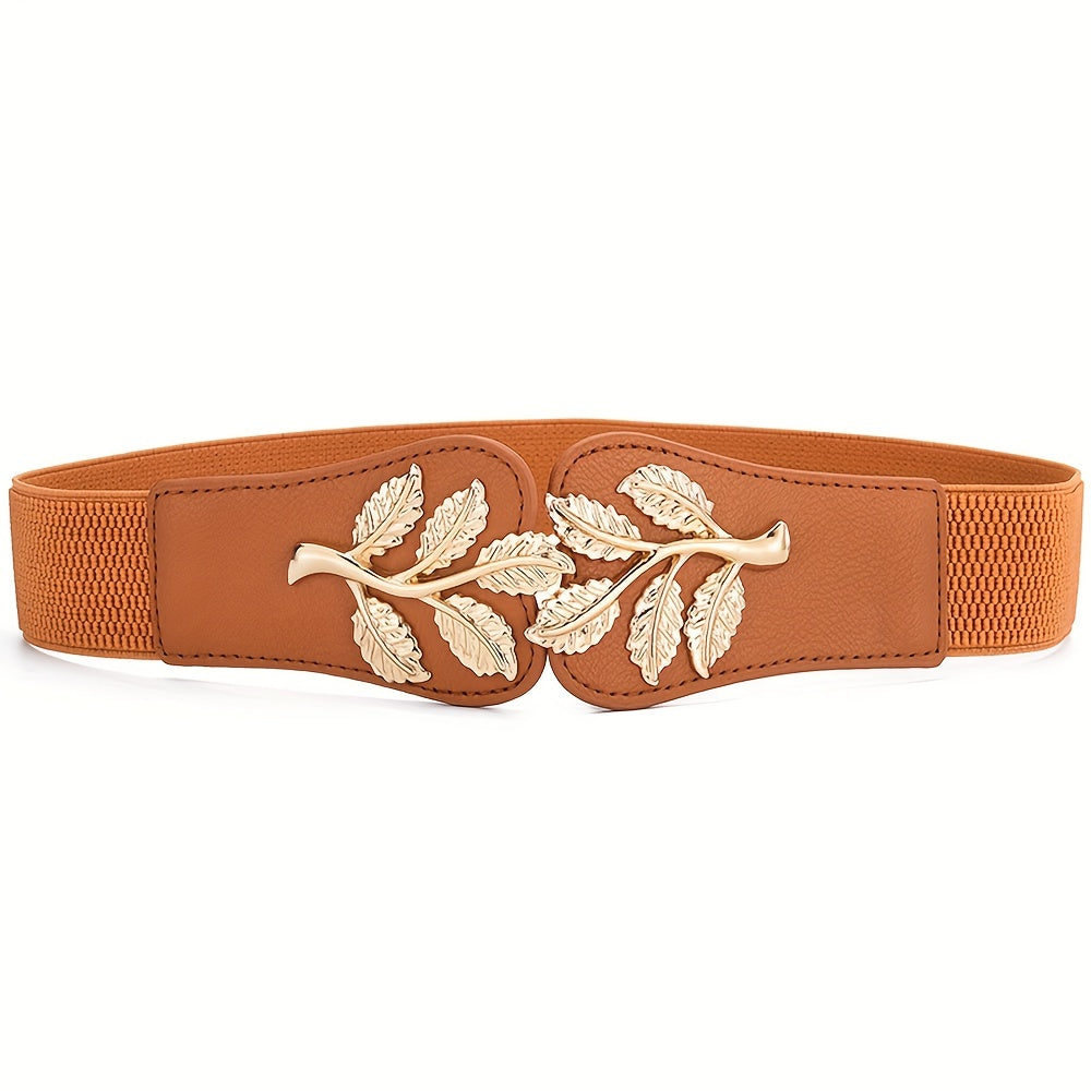 Women's Coat Dress Belt Elastic Waistband Solid Color Wide Girdle with Golden Leaf Buckle