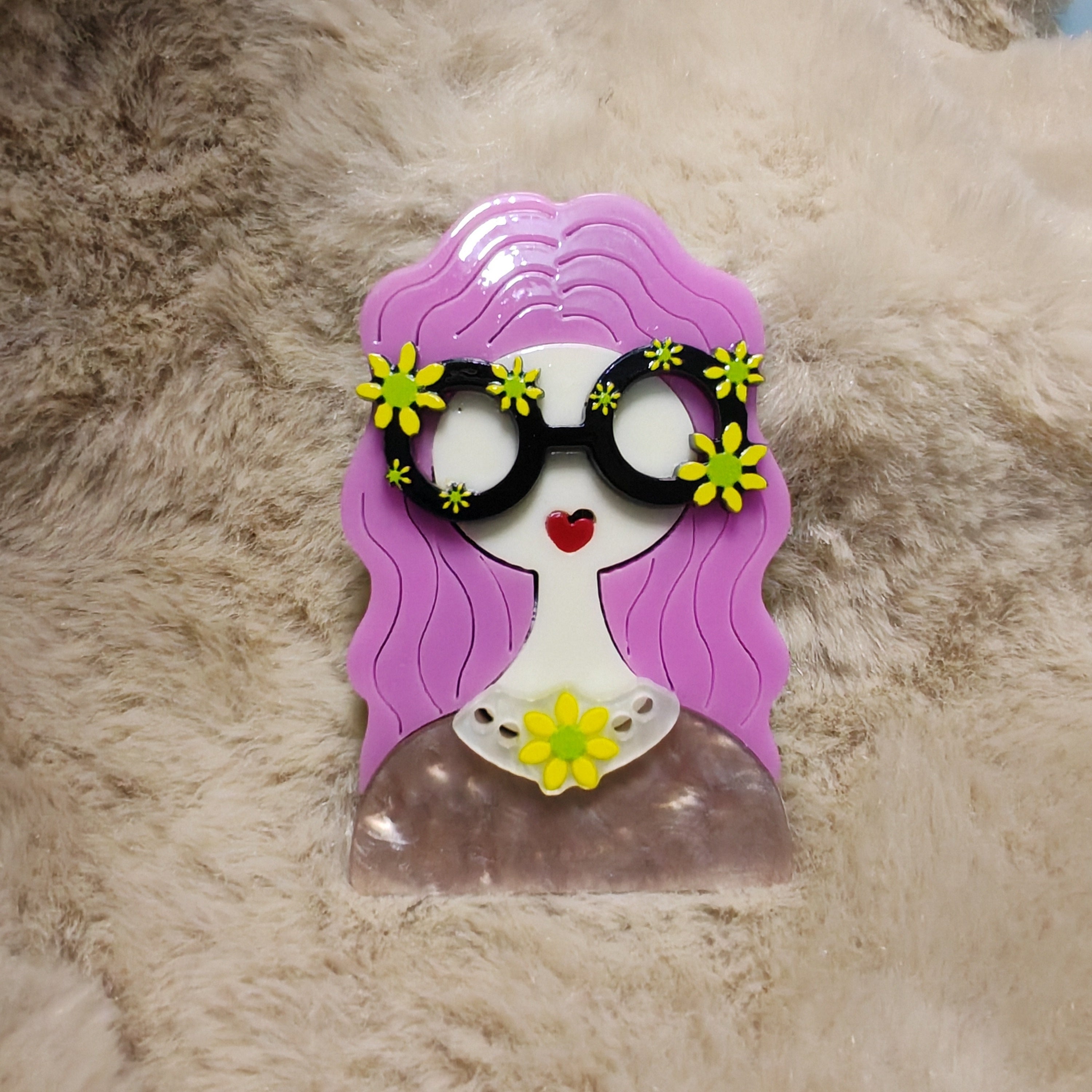 Pink Acrylic Brooch with Floral Glasses Design for Women and Teens