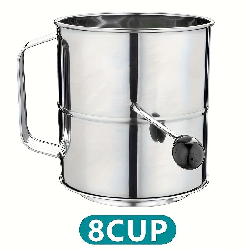 Stainless Steel Hand-Crank Flour Sifter 8-Cup Capacity Baking Cooking