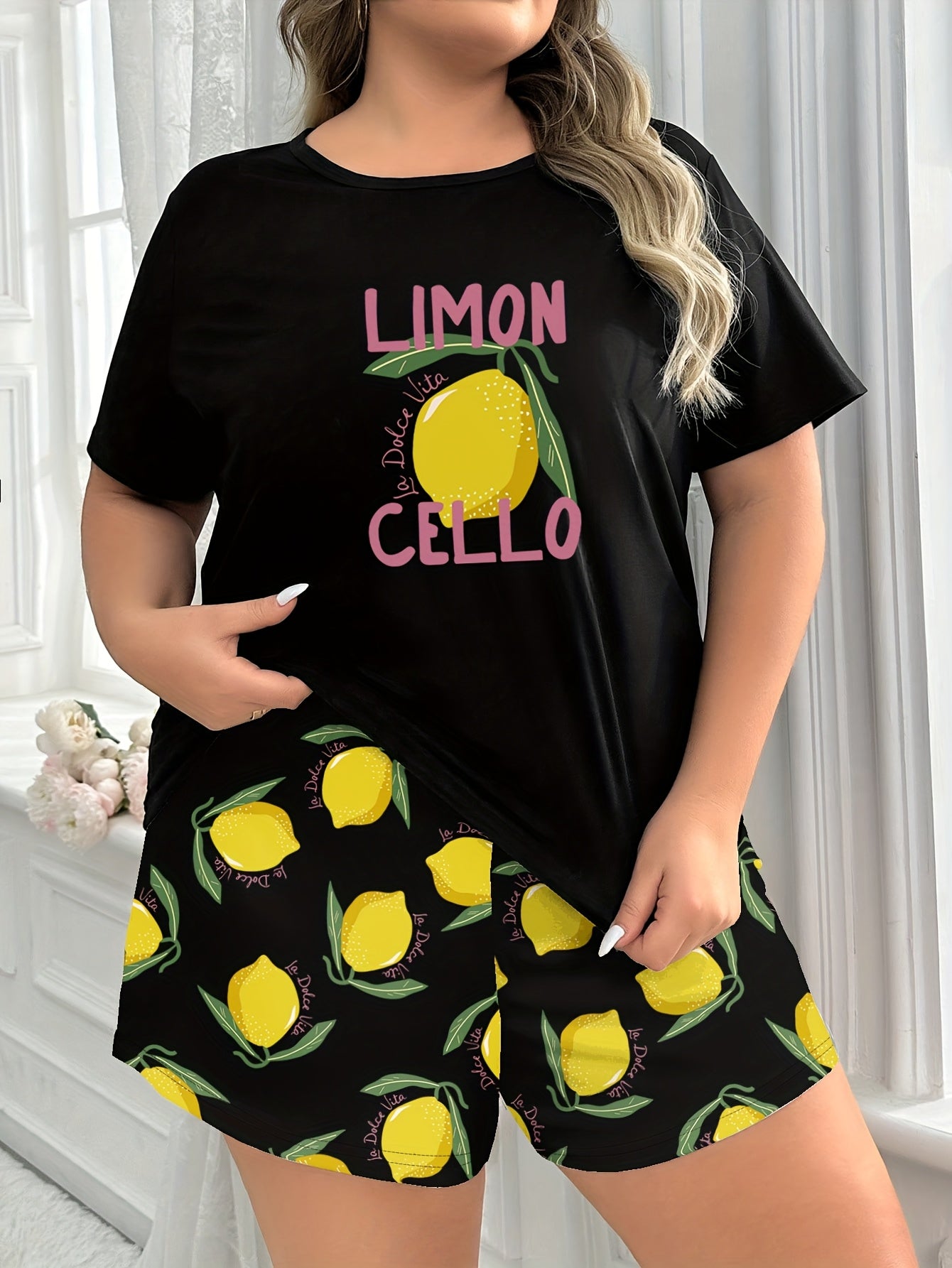 Women Plus Size Pajama Set Black Lemon Cartoon Short Sleeve Sleepwear