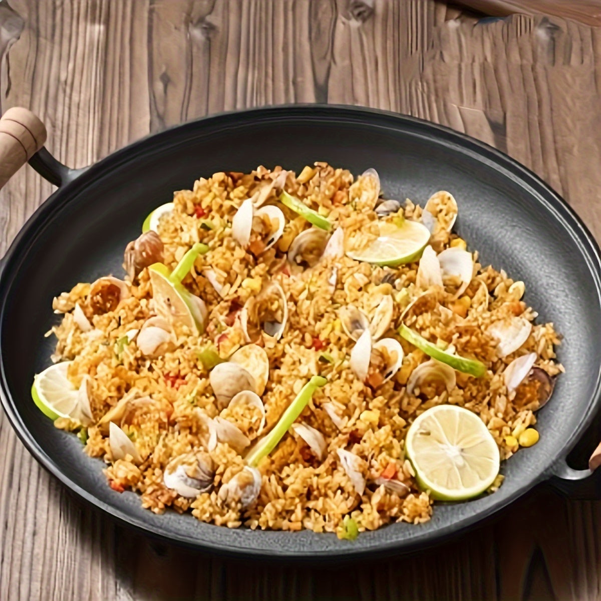 Sartén de hierro fundido con mango de madera, sartén antiadherente resistente al calor