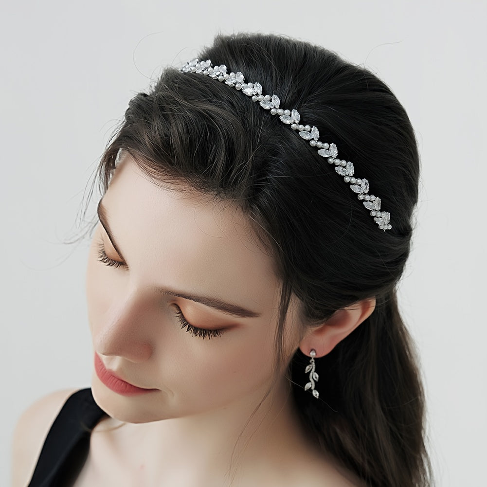 Silvery Rhinestone Crystal Hairband with Faux Pearls for Bridal Parties Weddings