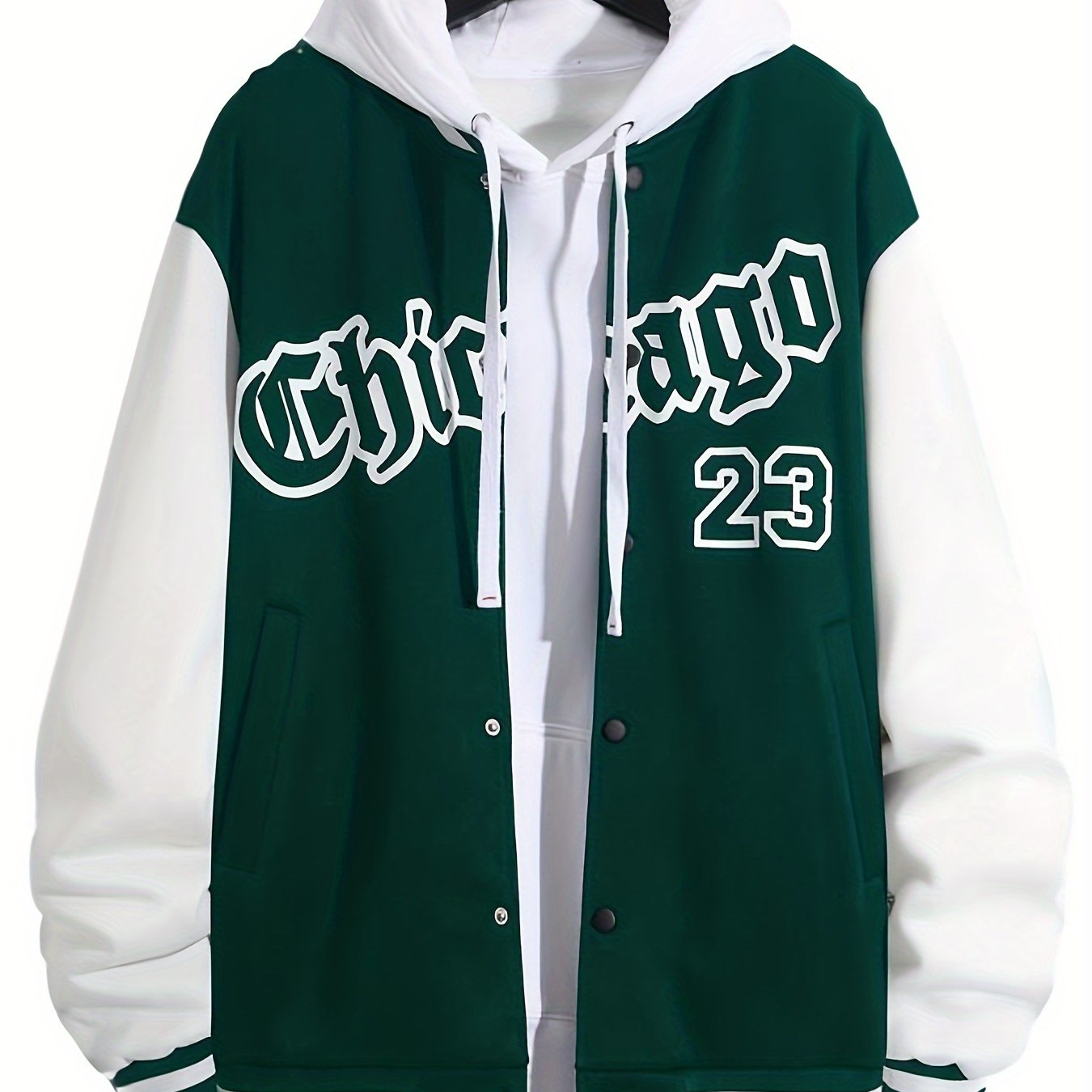 Plus Size Men Baseball Jacket with Band Collar and "CHICAGO" Print for Spring Autumn