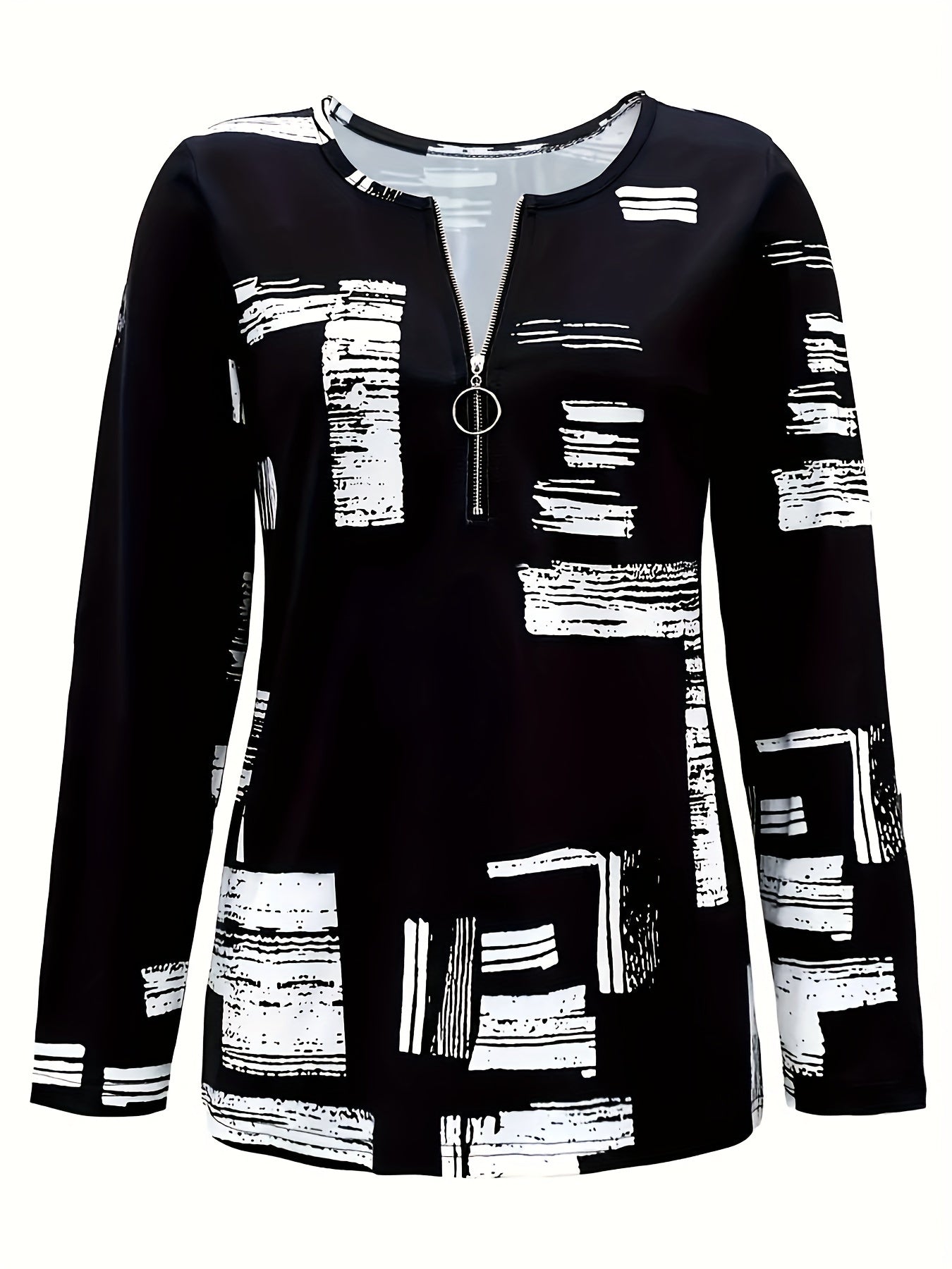 Women's Long Sleeve Polyester T-Shirt with Abstract Patchwork Print and Zipper Detail