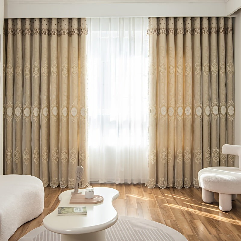 Black Lace Embroidered Double Layer Blackout Tulle Curtain for Windows