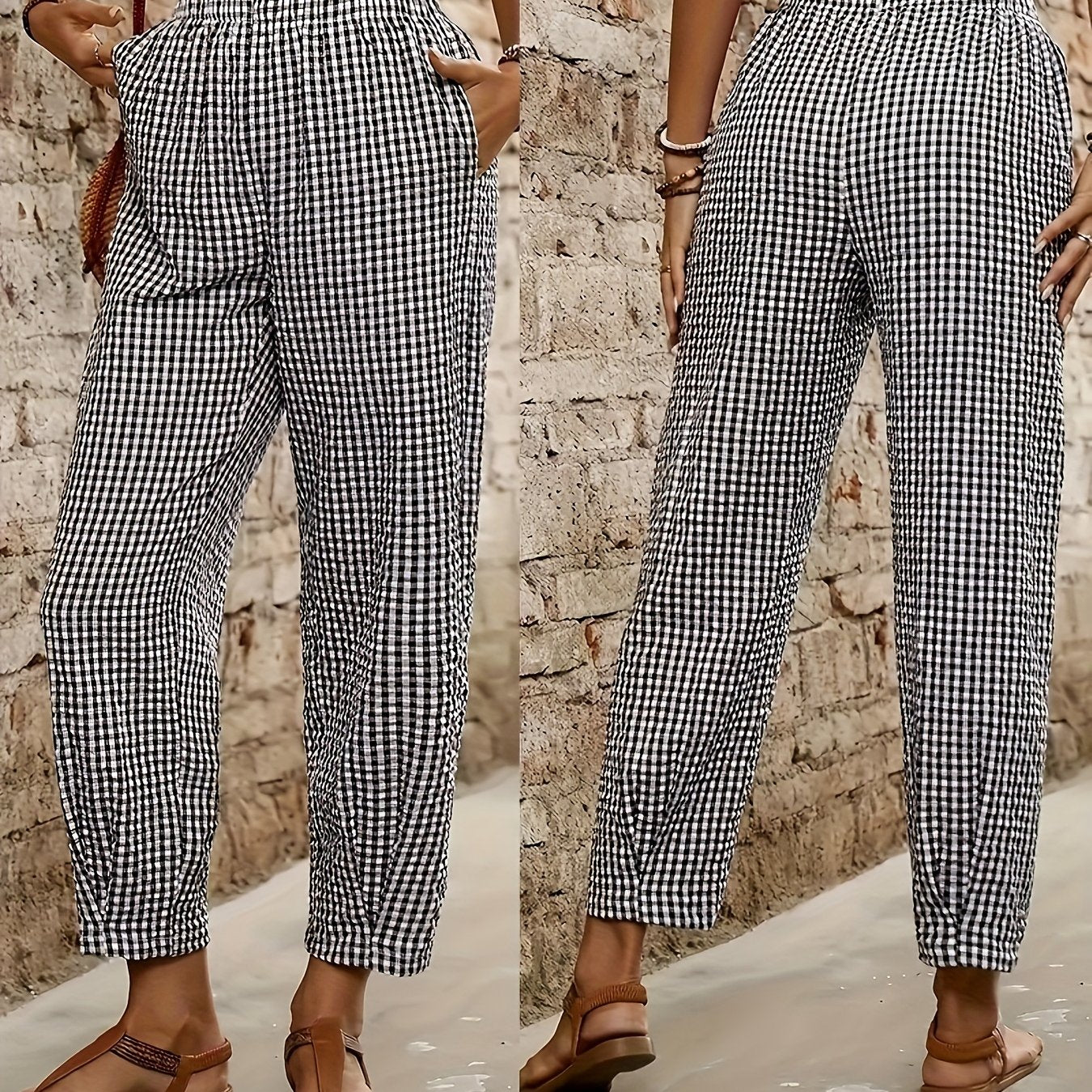 Plus Size Women's Gingham Casual Pants with Pockets Elastic Waist Blue White