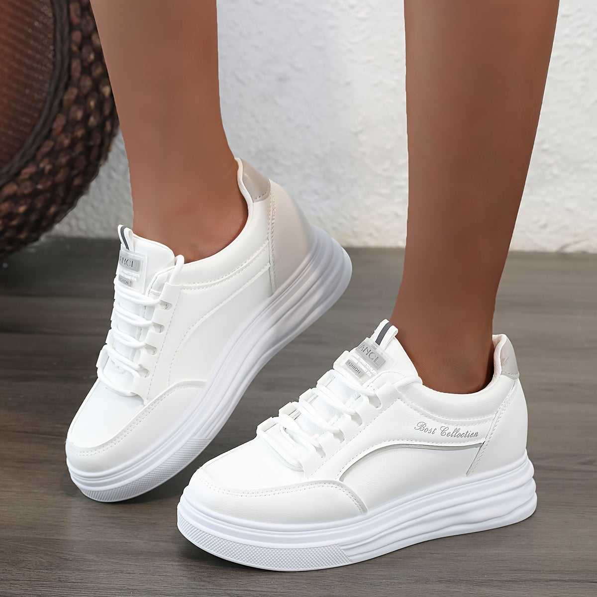 Women's White Lace-Up Sneakers with Thick Soles Water-Resistant Casual Shoes