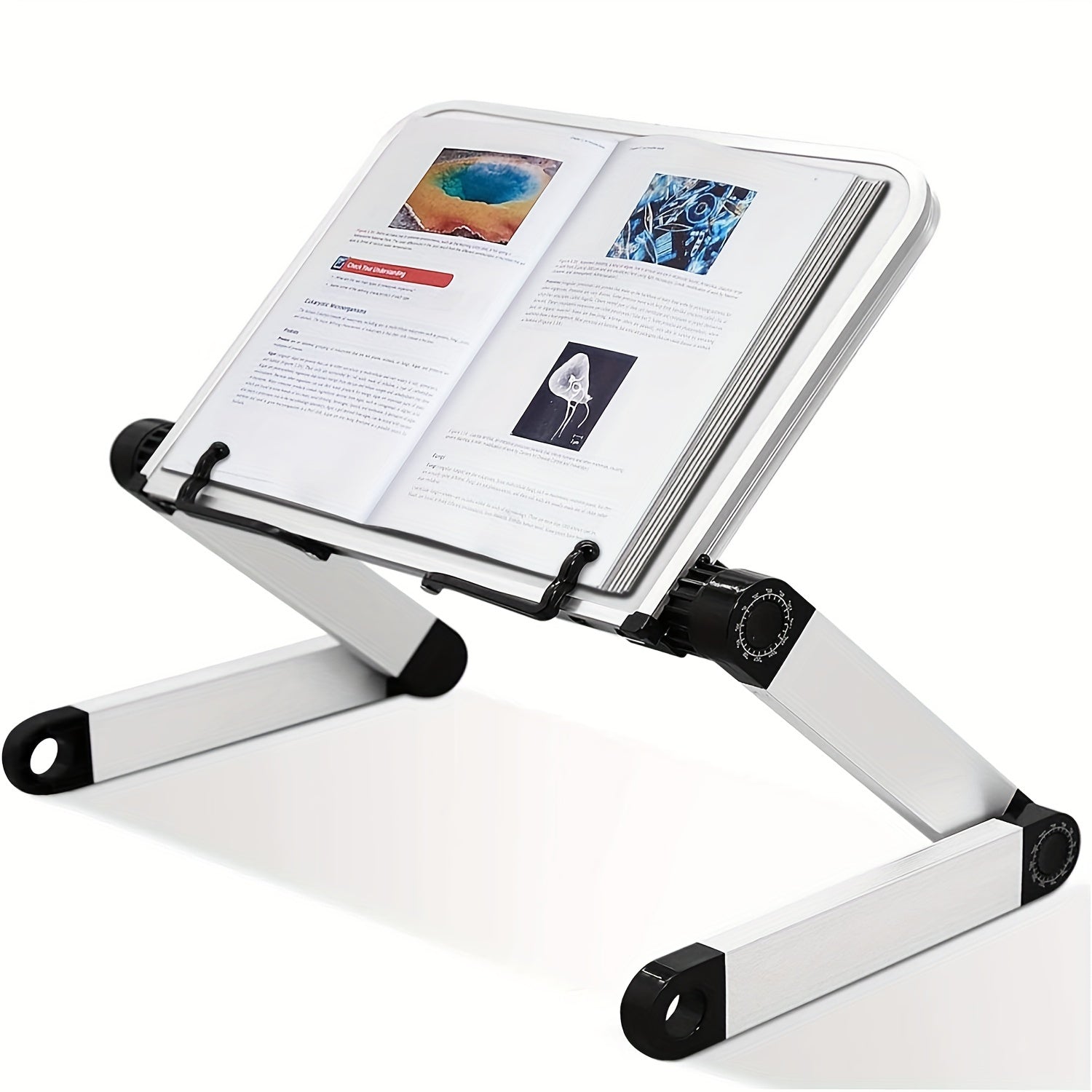 Lightweight Aluminum Book Stand with Adjustable Height and Flexible Paper Clips for Tablets Magazines and Documents
