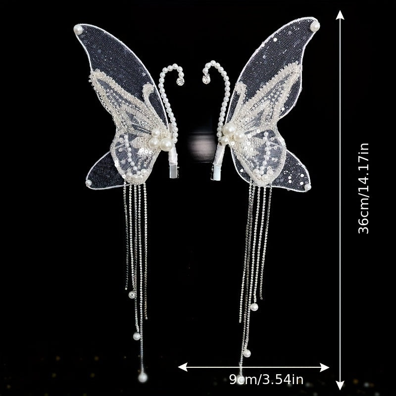 Women's Embroidered Butterfly Wing Hair Clips with Faux Pearl Tassel and Non-Slip Duck-Billed Clamp