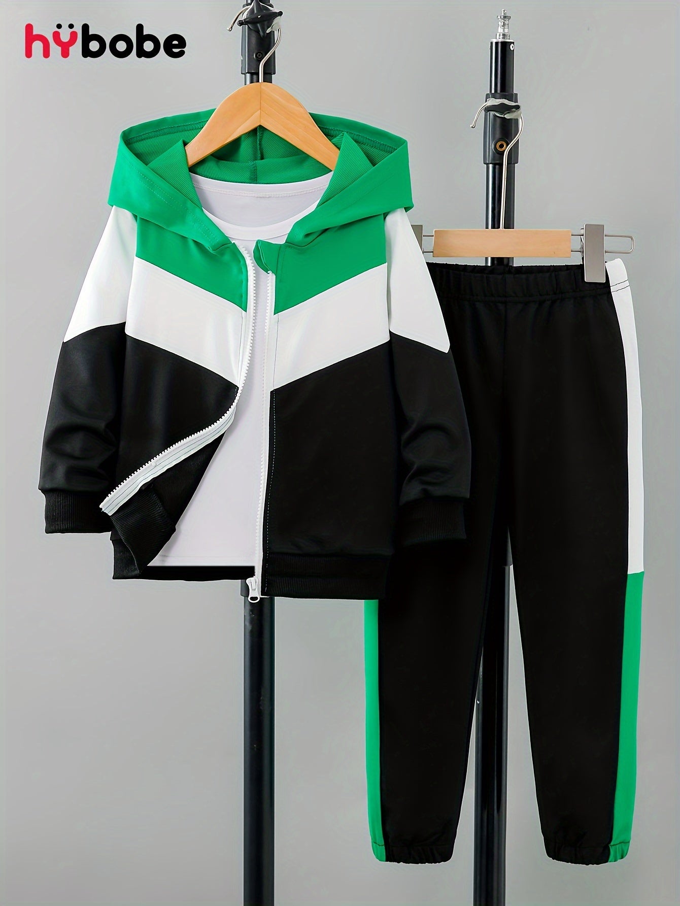 Boys Autumn Hooded Jacket and Trousers Set with Colorful Patchwork and Zipper