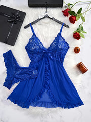 Women's Lace Pajama Set with Backless Dress and Thong Sleepwear