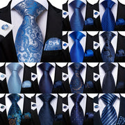 Men's Blue Paisley Striped Tie Handkerchief Cufflinks Wedding Accessories Set