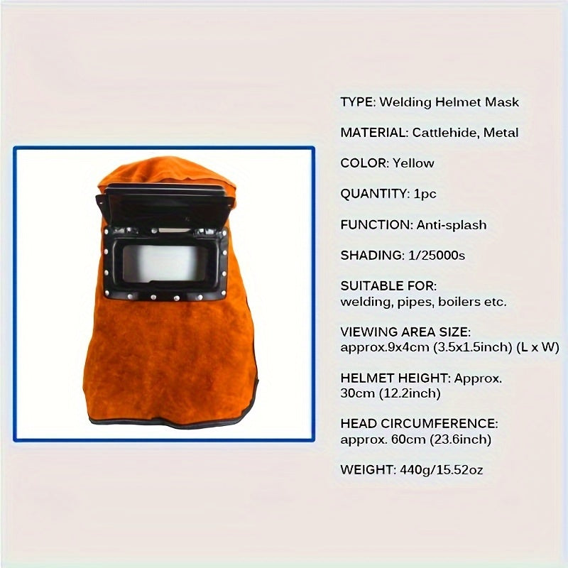 Sanoat foydalanishi uchun avtomatik qoraytiriladigan filtr linzasi, sun'iy charm kapyushon va shaffof ko'rish oynasi bilan apelsin rangli payvandlash shlemi.