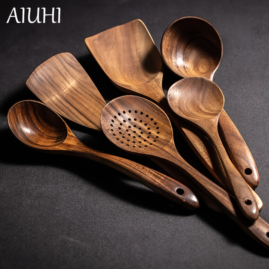Set of 6 Wooden Spoons and 5 Kitchen Utensils for Cooking in Classic Wooden Design