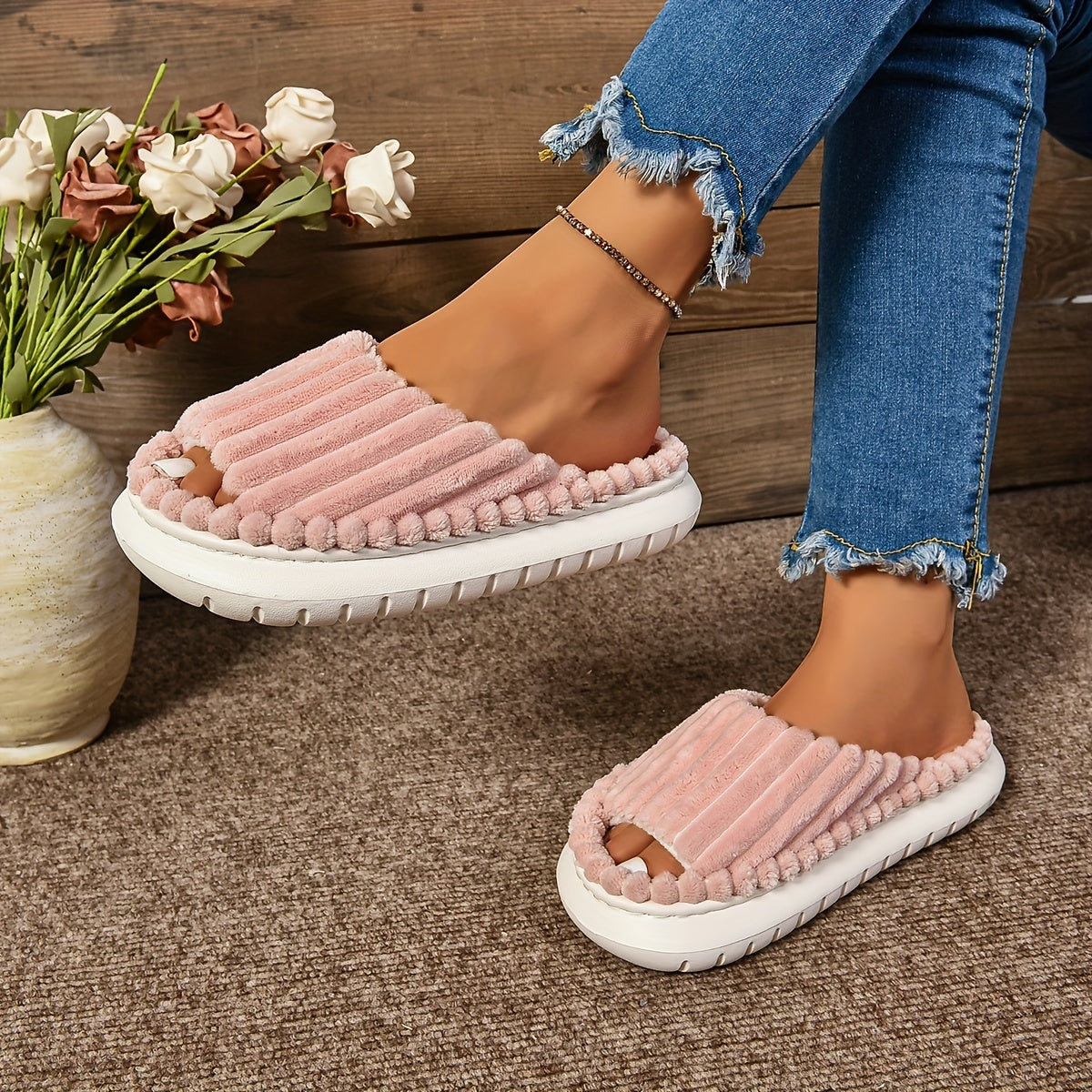 Women's Plush Half Toe Cap Slippers Warm Indoor Non-Slip EVA Sole