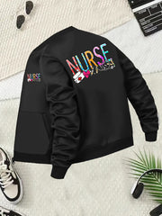 Plus Size Women's Bomber Jacket Black Nurse Themed Zip-Up Casual Outerwear