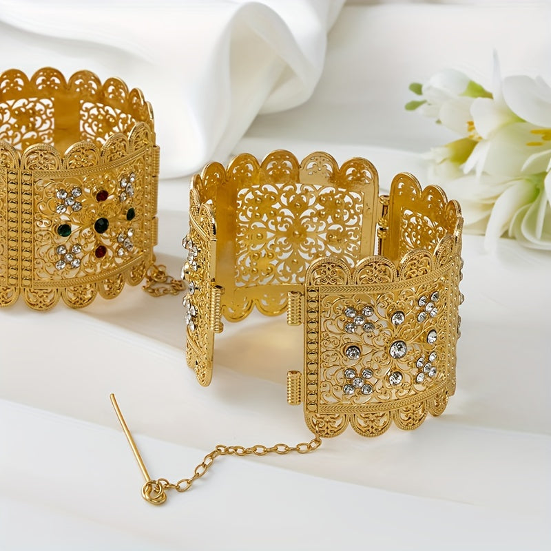 Vintage gullar o'yilgan 24K oltin qoplamali keng bilaguzuk, sintetik toshlar bilan, noyabr tug'ilgan toshi bilan zanglamaydigan po'latdan yasalgan ochiq bangle. Ayollar uchun mukammal Ramazon bayrami zargarlik buyumlari, partiyalar va to'ylar uchun ideal.