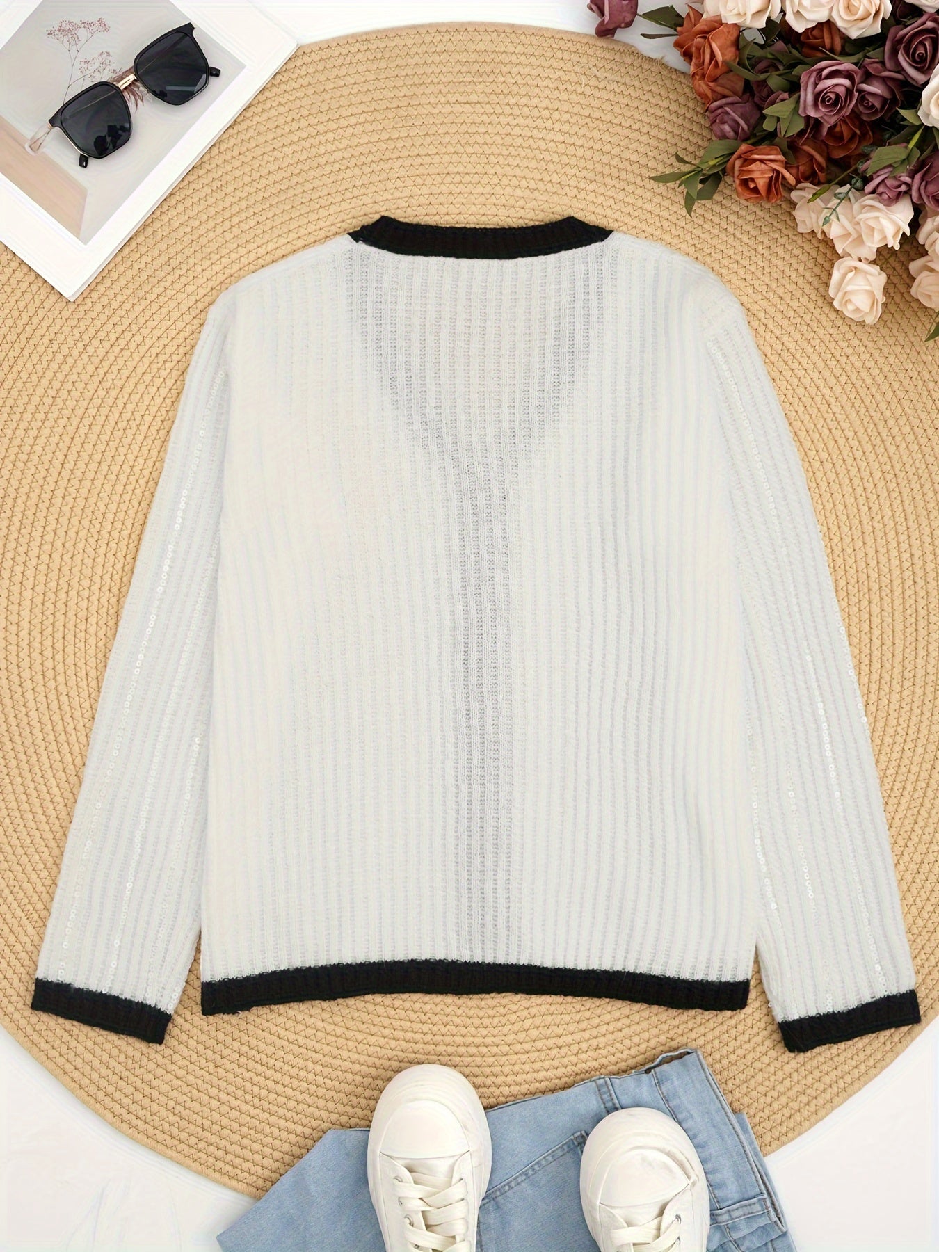 Women's Beaded Knit Cardigan Fall Winter Solid Color Crew Neck Casual