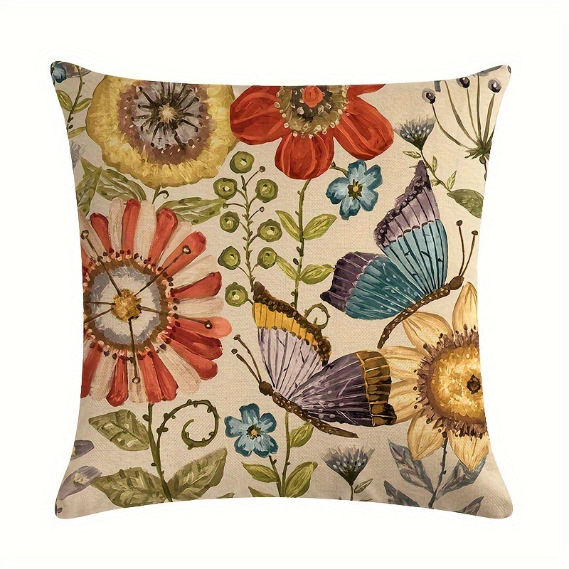 Linen Blend Throw Pillow Cover with Butterflies and Flowers 45.72cm Square
