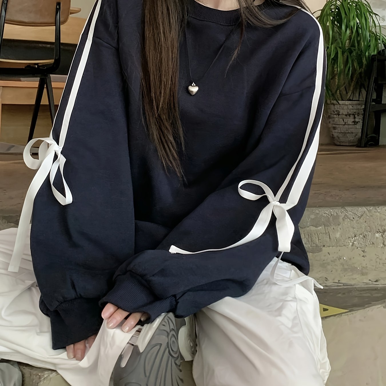 Women's Black Crew Neck Sweatshirt with White Bow Detail Polyester Casual All Seasons