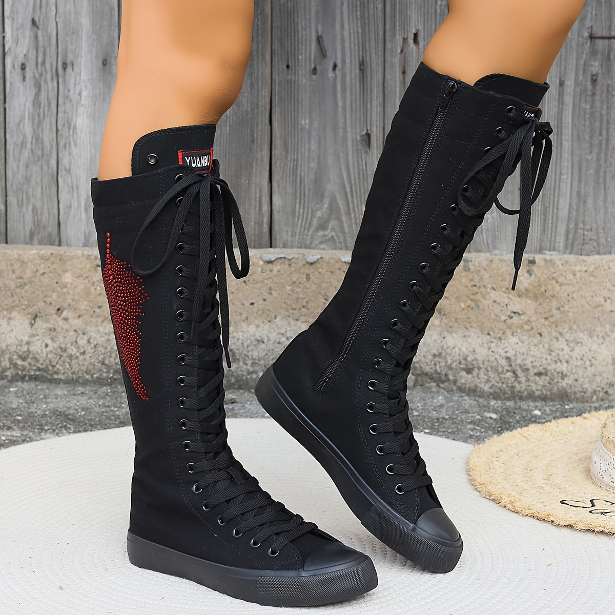Women's Black High-Top Boots with Zipper Flat Heeled All-Season Casual Size 34-43