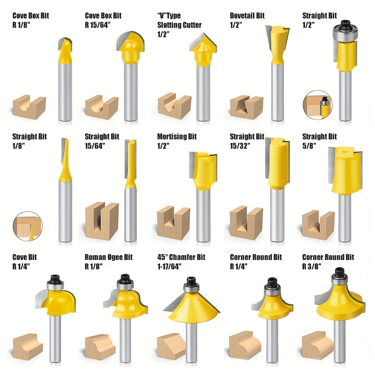 Set of 15 Woodworking Router Bits with 6mm and 8mm Shanks for Trimming Slotting Engraving