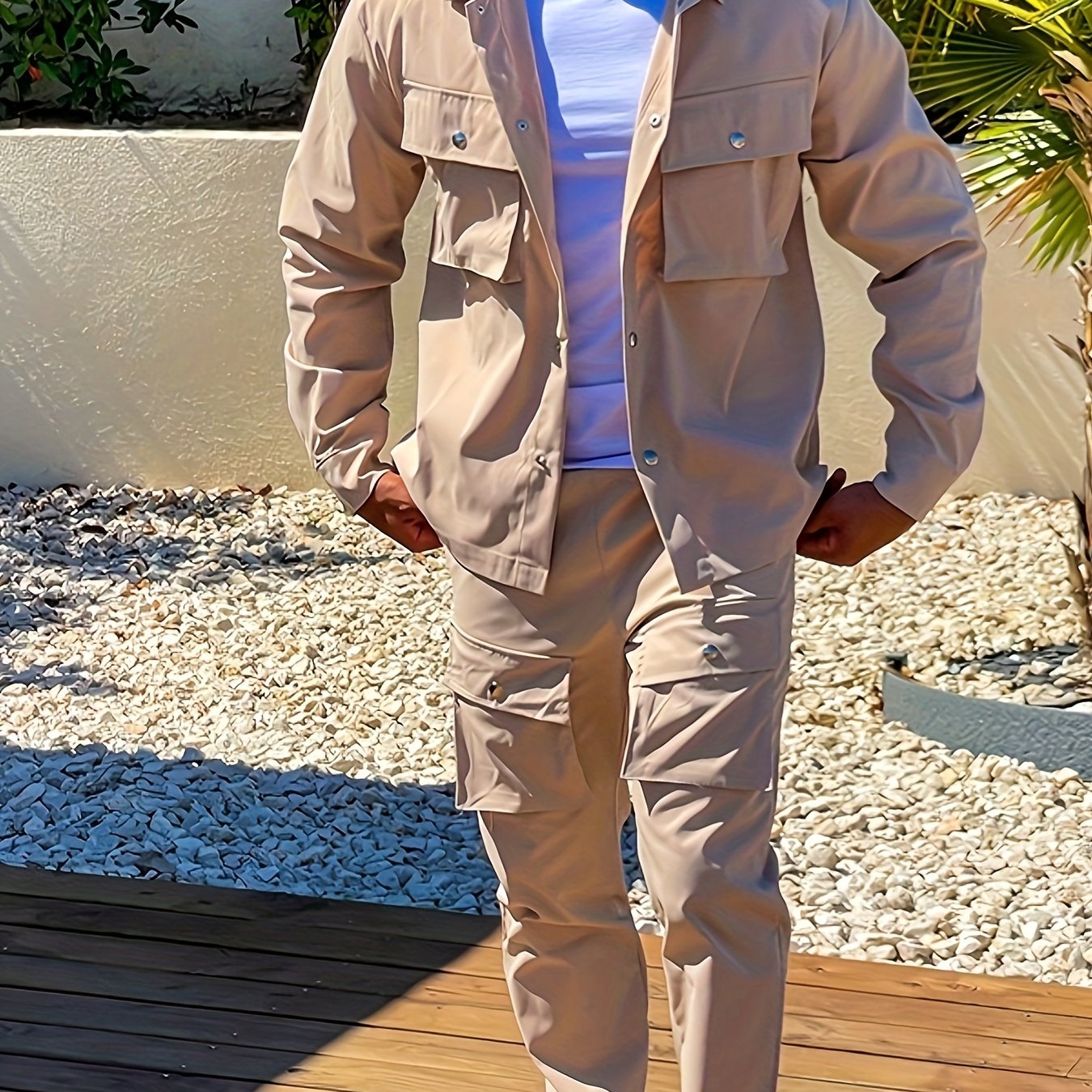 Men's Casual Outfit Set Solid Polyester Regular Fit with Pockets Machine Washable