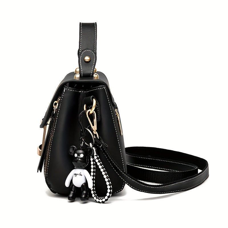 Women's Black PU Crossbody Handbag with Buckle Decor and Top Handle