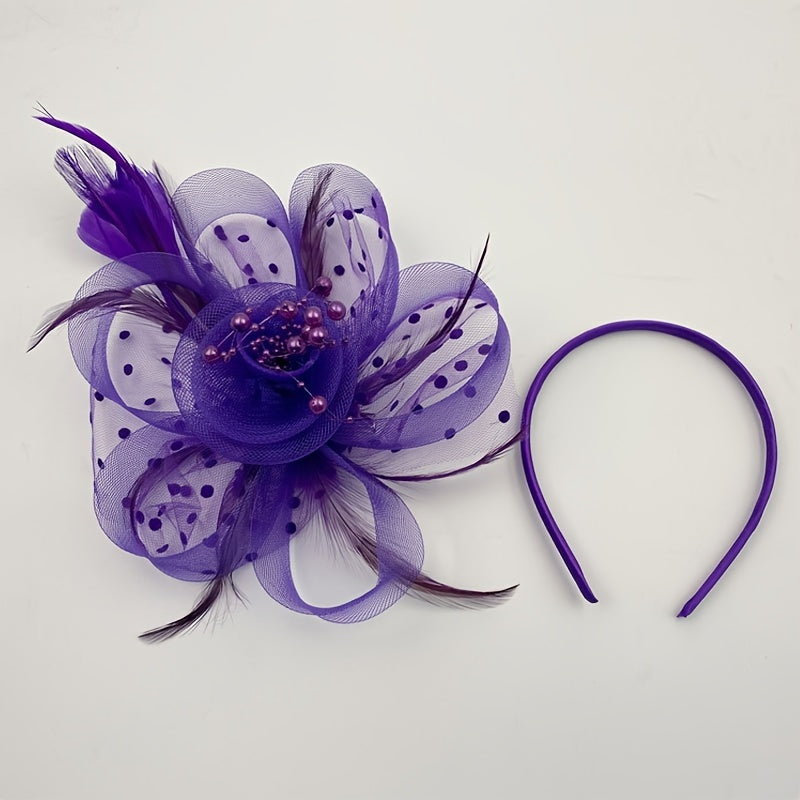 Flower Shaped Mesh Headband with Faux Feathers for Parties Proms Weddings