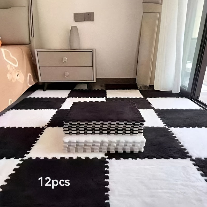 12pcs Square Flower Pattern Plush Area Rugs Set Washable Non-Slip Low Pile Polyester EVA Bedroom Living Room Decor