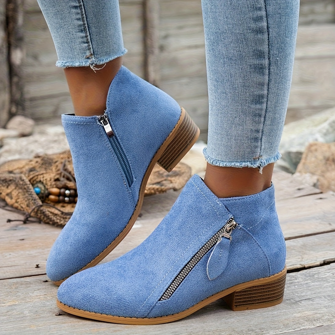 Women's Chunky Heel Ankle Boots Fabric Low Block Zipper Winter Casual