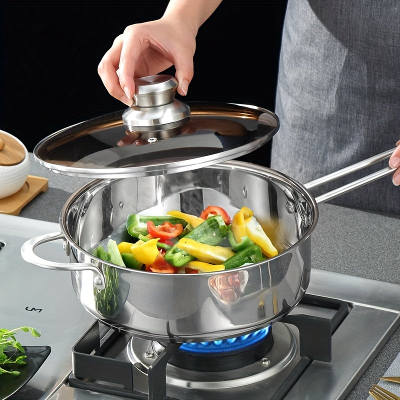 Juego de utensilios de cocina de acero inoxidable de 6 piezas con tapas de vidrio, base de triple capa