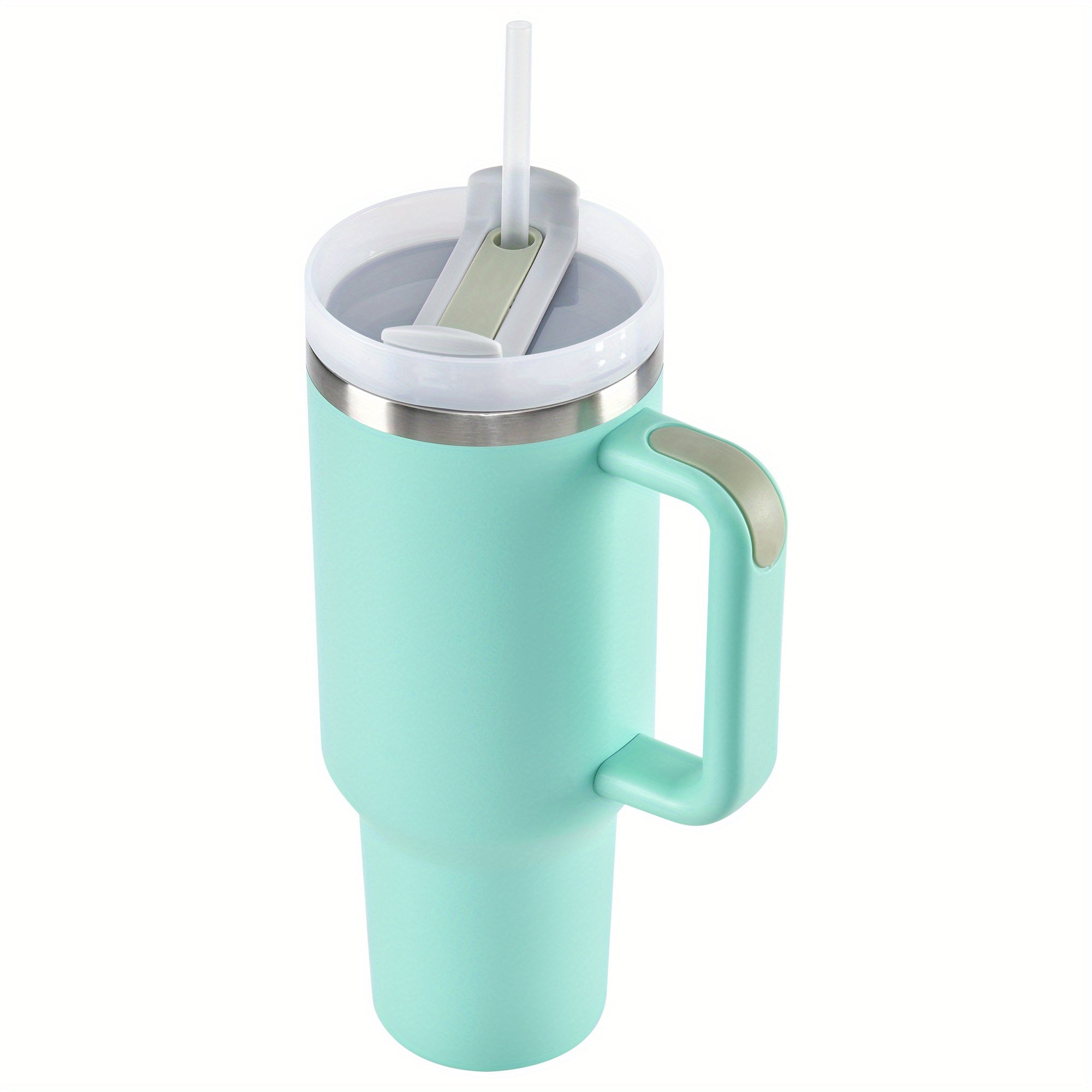 Taza de viaje de acero inoxidable de 40oz con tapa, pajilla, asa, aislamiento al vacío, apta para lavavajillas, gris claro, rosa, marfil, blanco