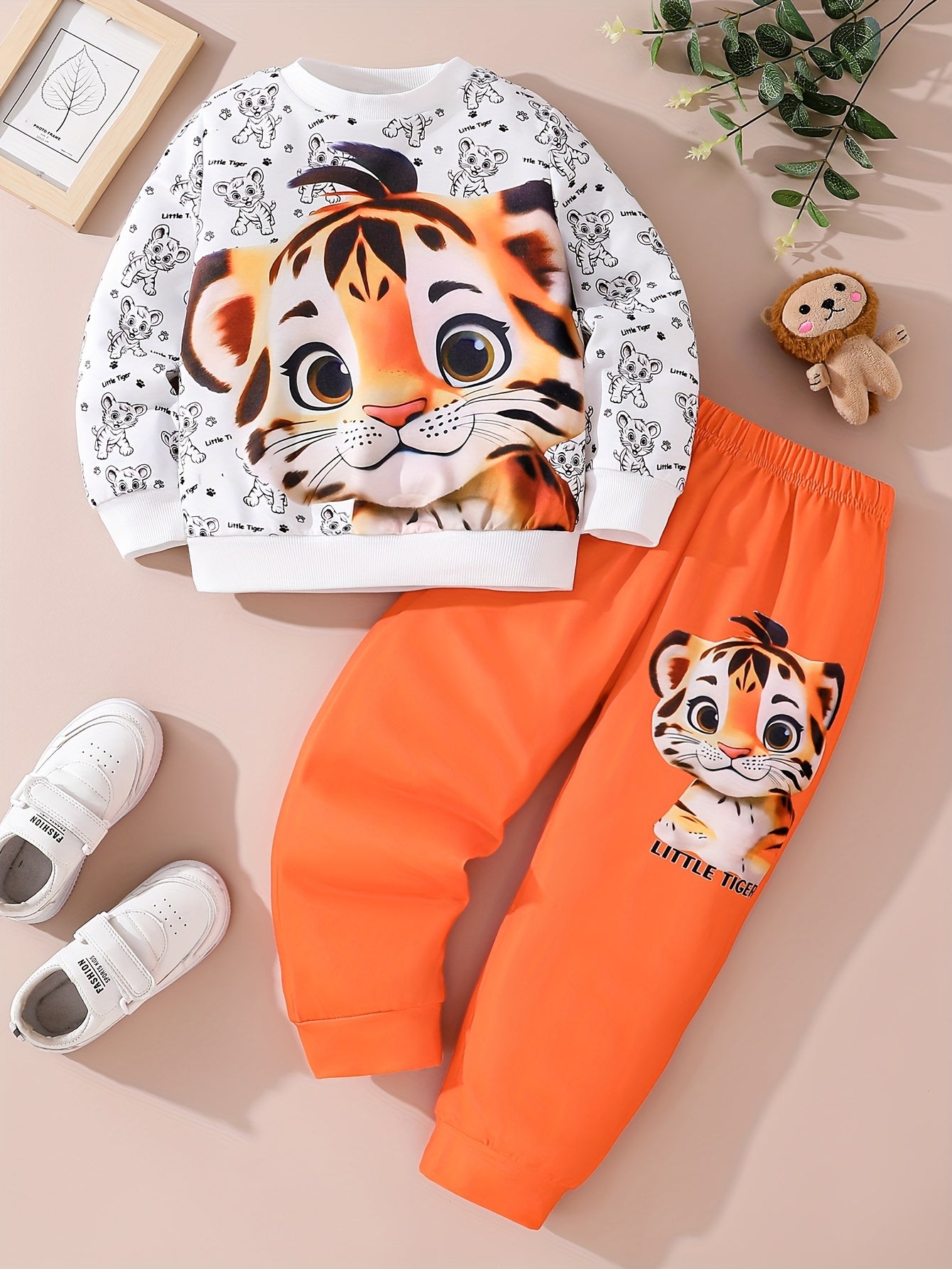 Kids' Tiger Print Sweatshirt Set Polyester Knit Spring Autumn Casual 2pcs
