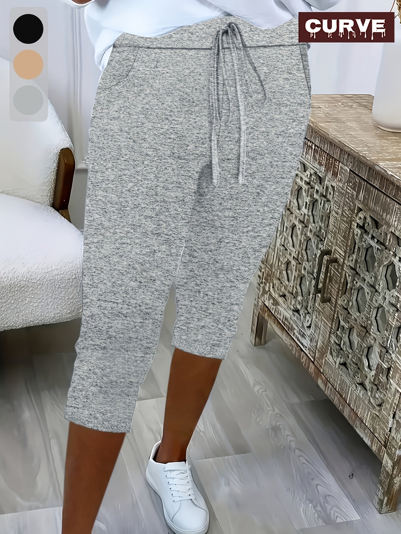 Pantalones capri de talla grande para mujer con cintura elástica y cordón, pantalones de descanso de color sólido